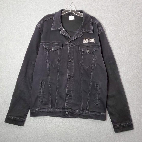 VINTAGE Rancid Men‎ Jacket L Black Denim Trucker Rock Band Skull Buttons 90s Y2K